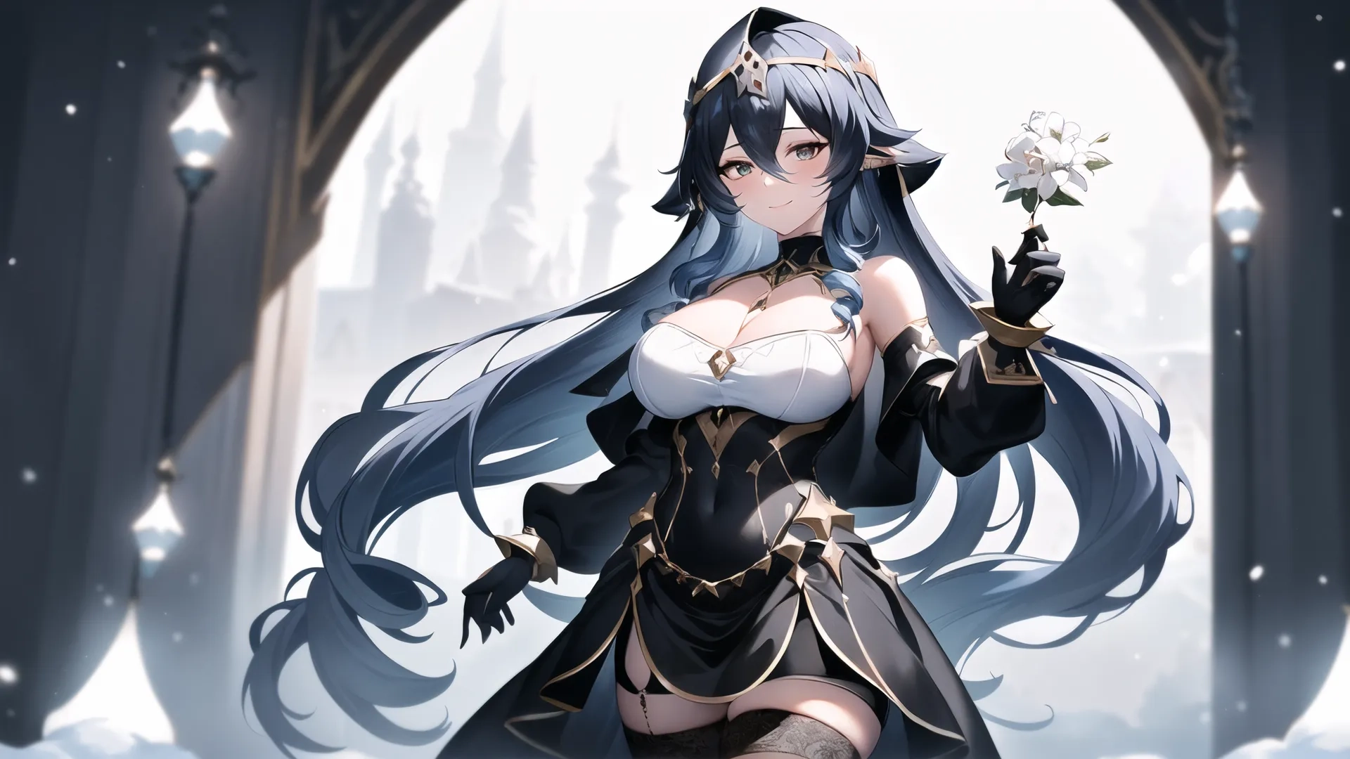 a cute girl is holding a flower wearing an elegant dress and gloves in the woods near the arch of an arch with a frozen landscape in the background
