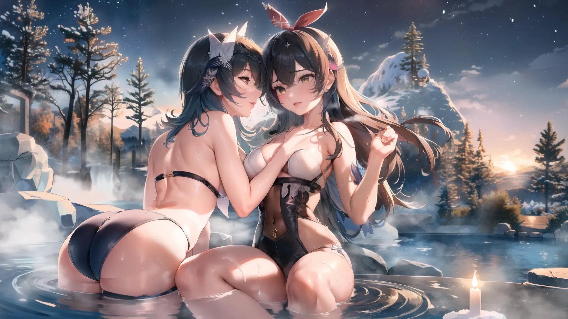 two sexy anime girls sitting in water with candles in the background at dusk time while another girl holds her leg up to her body like a heartly
