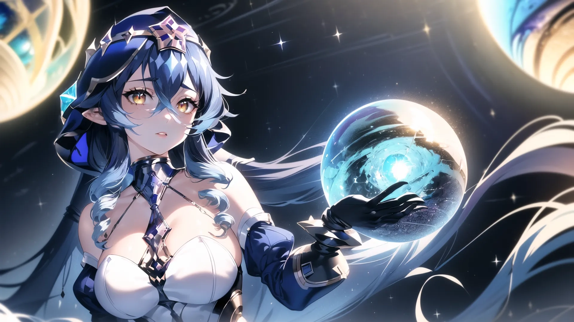 a woman with long hair and big breast holding an alien face like object in her right hand or hand with planet with light on it in front
