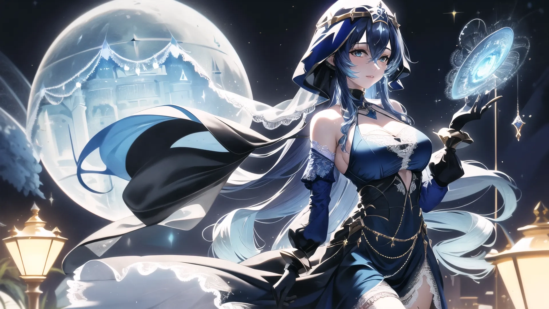 a japanese figure stands near a moon lit castle in the sky and holds a wand in her right hand, wearing dark clothing and holding the wand
