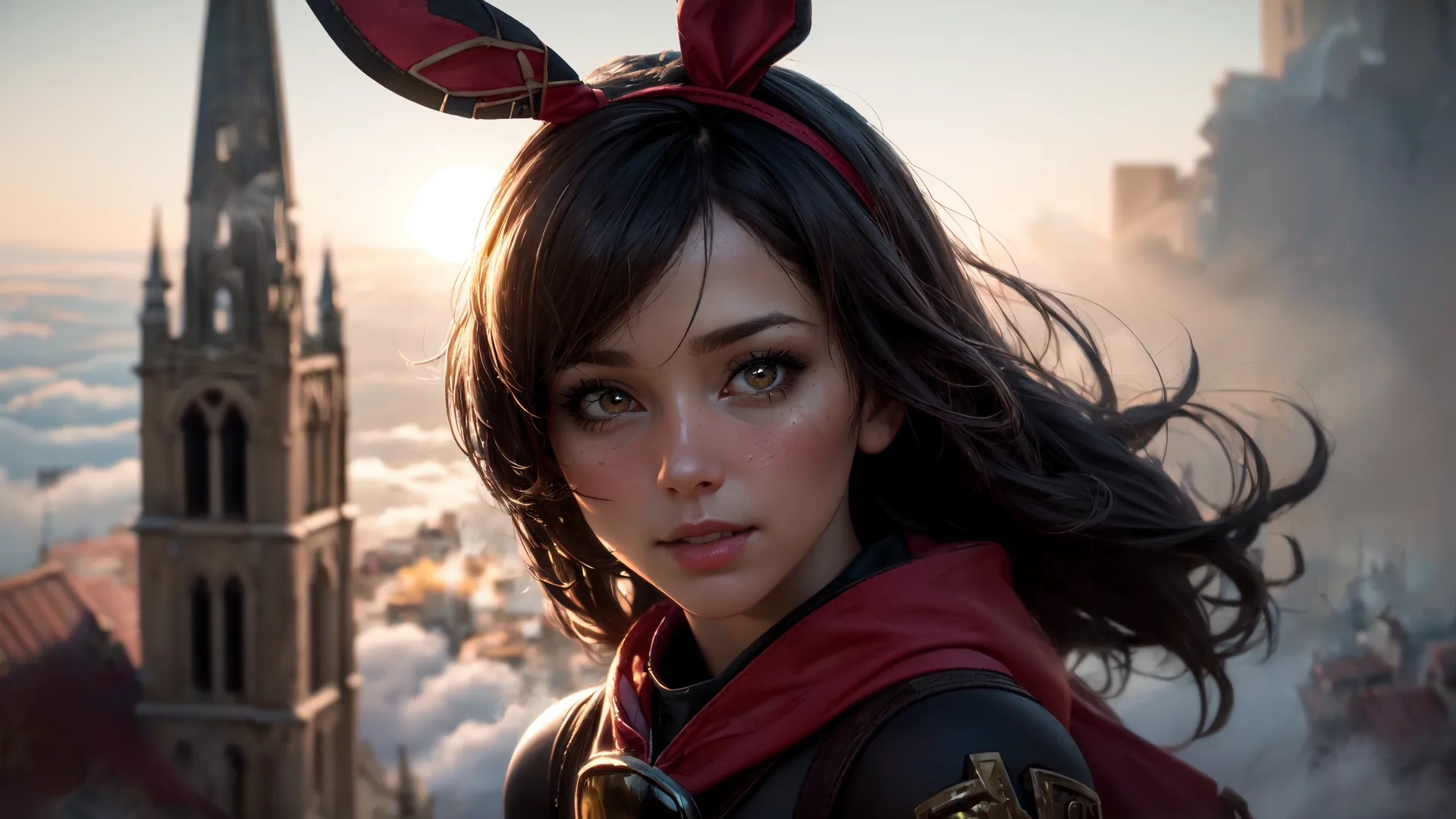 a close up of a female with cat ears standing in front of a large clock tower and sky view from above the ground by a hill area
