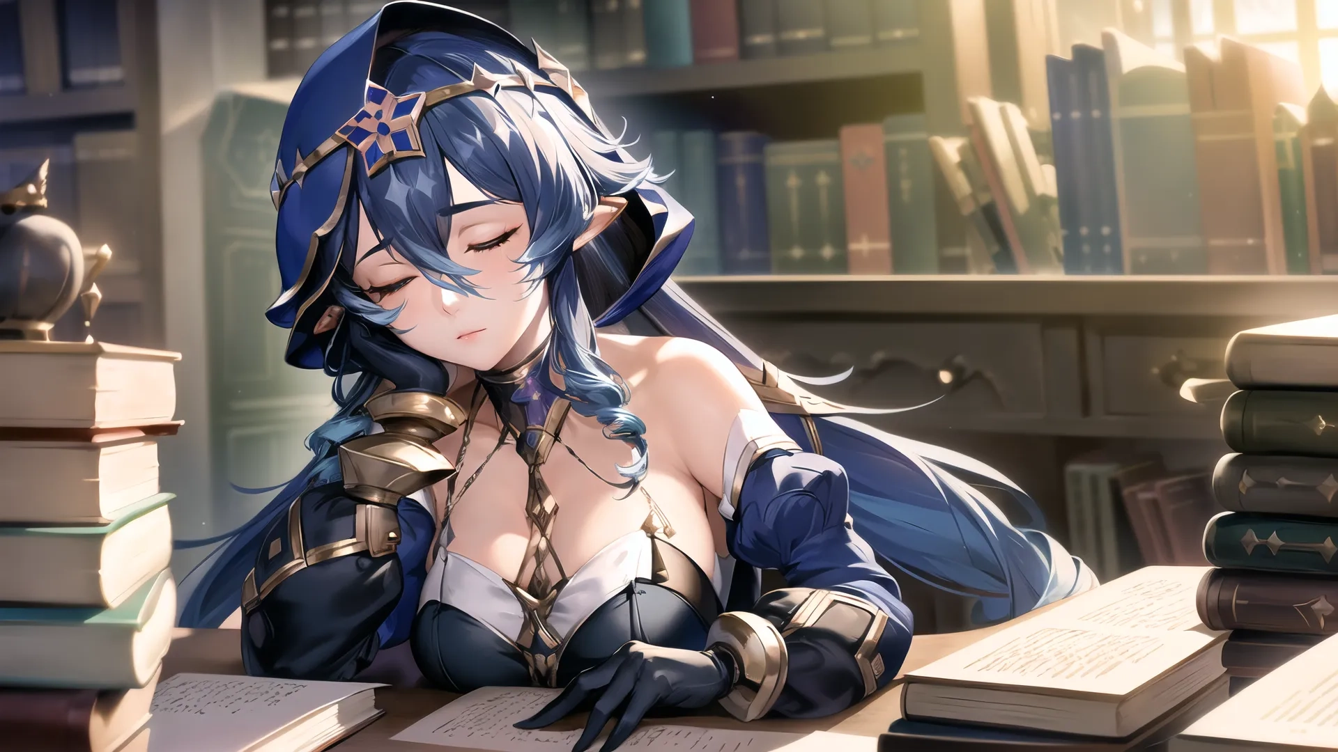 the girl is holding a phone and reading on a desk with books behind her, as if she was very pretty and she appears to be crying
