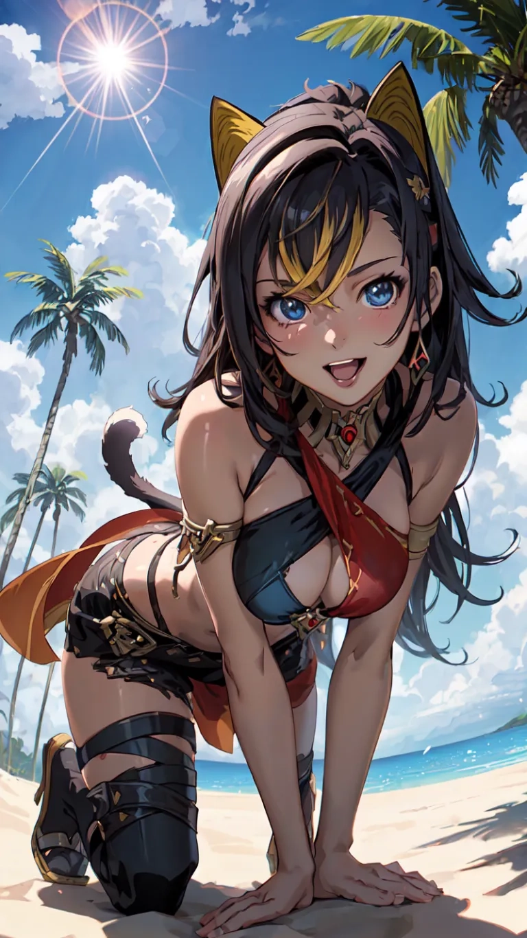 a black haired anime character in a thongy and cat ears on the beach near trees and bushes with blue sky and sun, the sun behind her in the background
