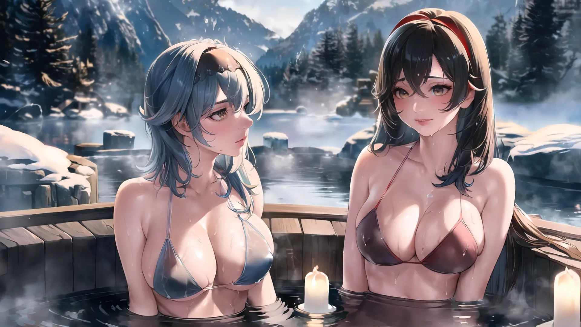 two young women sitting in a boat with water around them holding lit candles while wearing lingeries in the background that's full of mountain scenery

