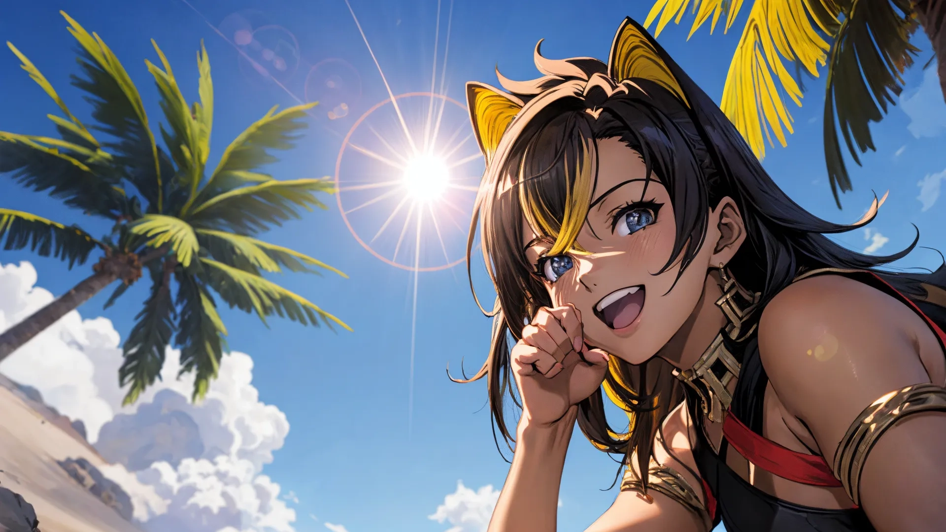 anime woman in a short shirt standing near palm trees with blue sky in background in the middle of her photograph on a sunny day in front of sun light
