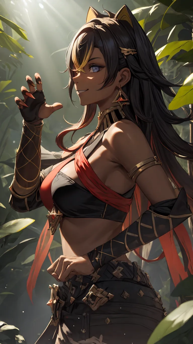 sexy woman with long hair and large pierced breast in a jungle setting looking forward at her right to the camera and holding some knives behind herself by it
