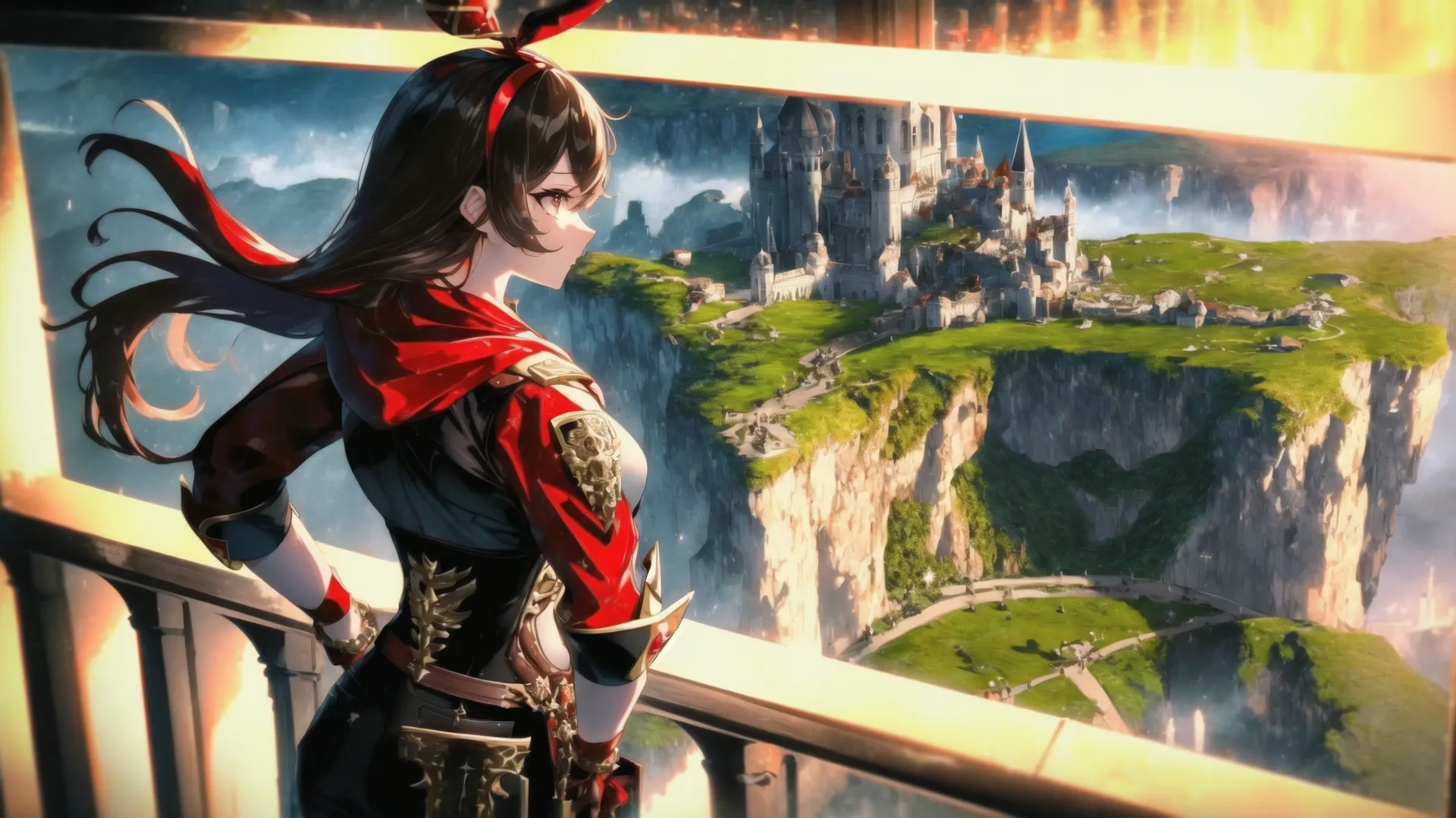 a person standing with a sword near some buildings and water cliffs in the background on a balcony below an arch scene above water, green grass, mountains, yellow sky, hills and mountains,
