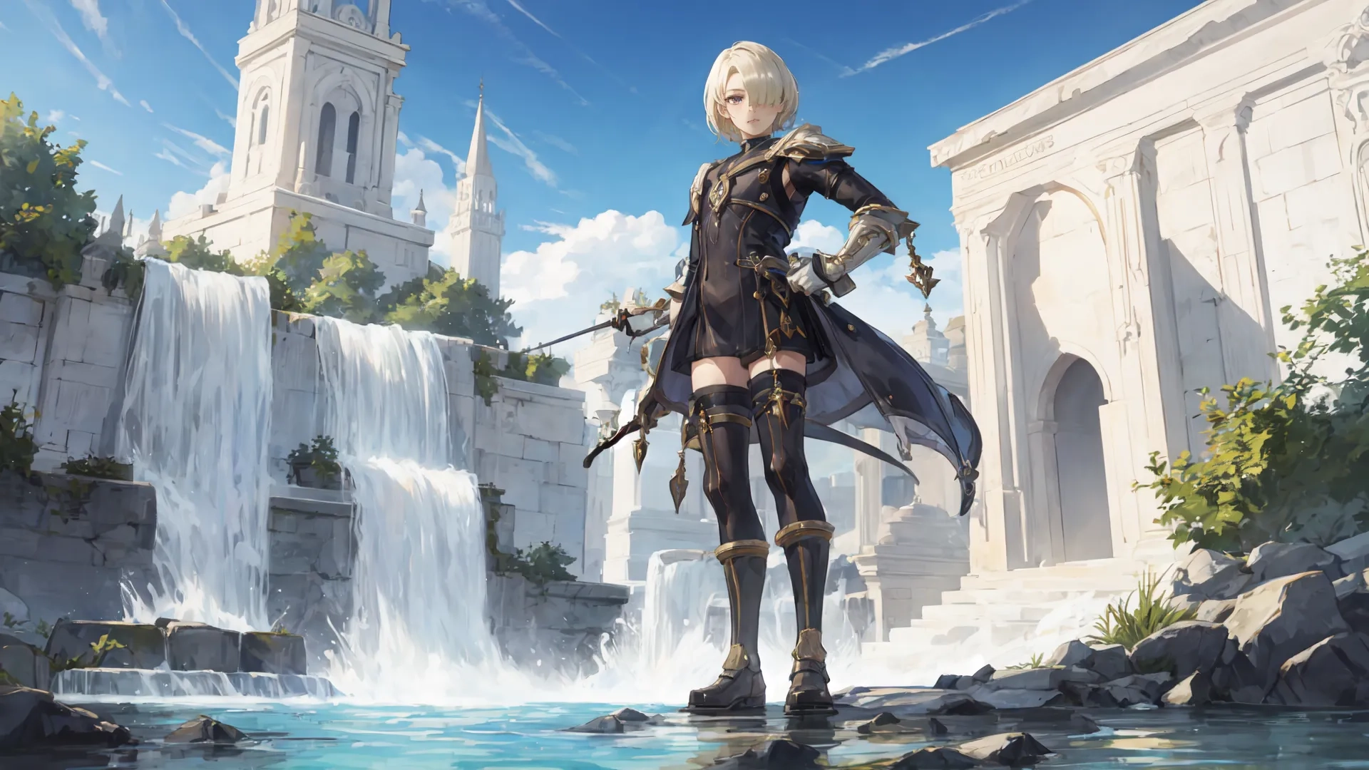 a 3d rendering of a female standing and holding a sword and wearing black in front of a river and a gothic church tower in the background with water
