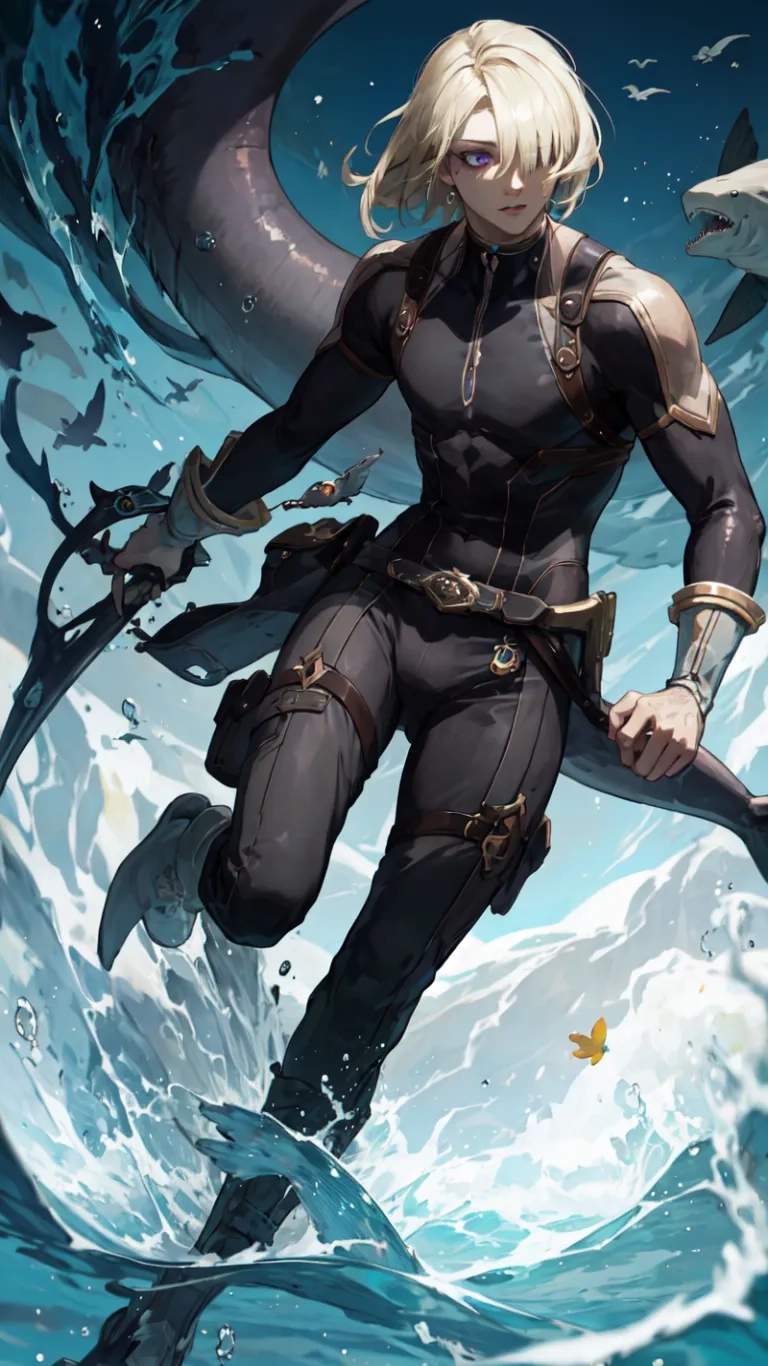 a man in all black holding sword in the ocean with a bunch of flying objects on his back of his leg from above and below the water
