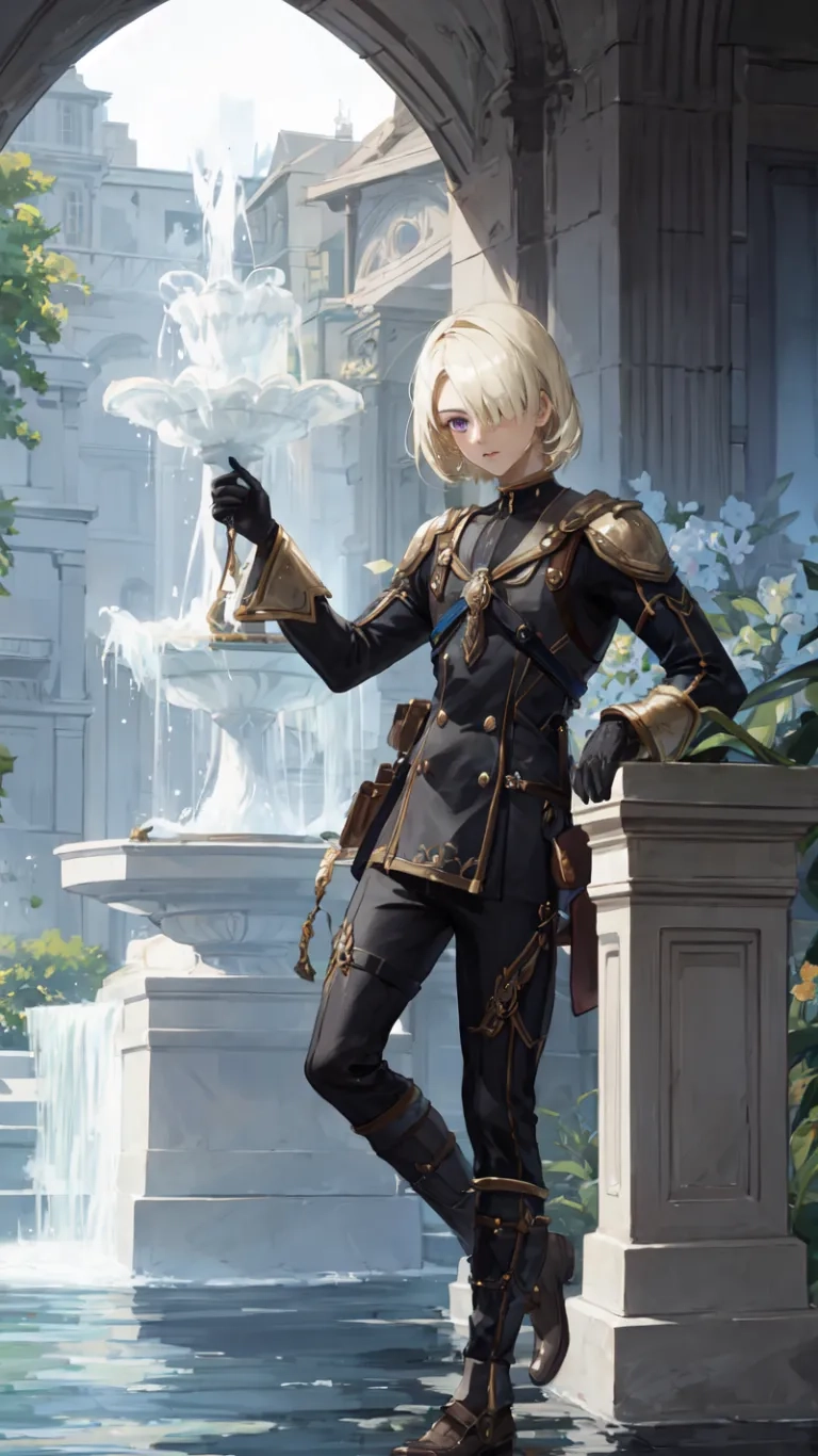 a beautiful woman dressed in a black jacket and gold plated boots holding an open book while posing near a fountain of water in a castle like landscape
