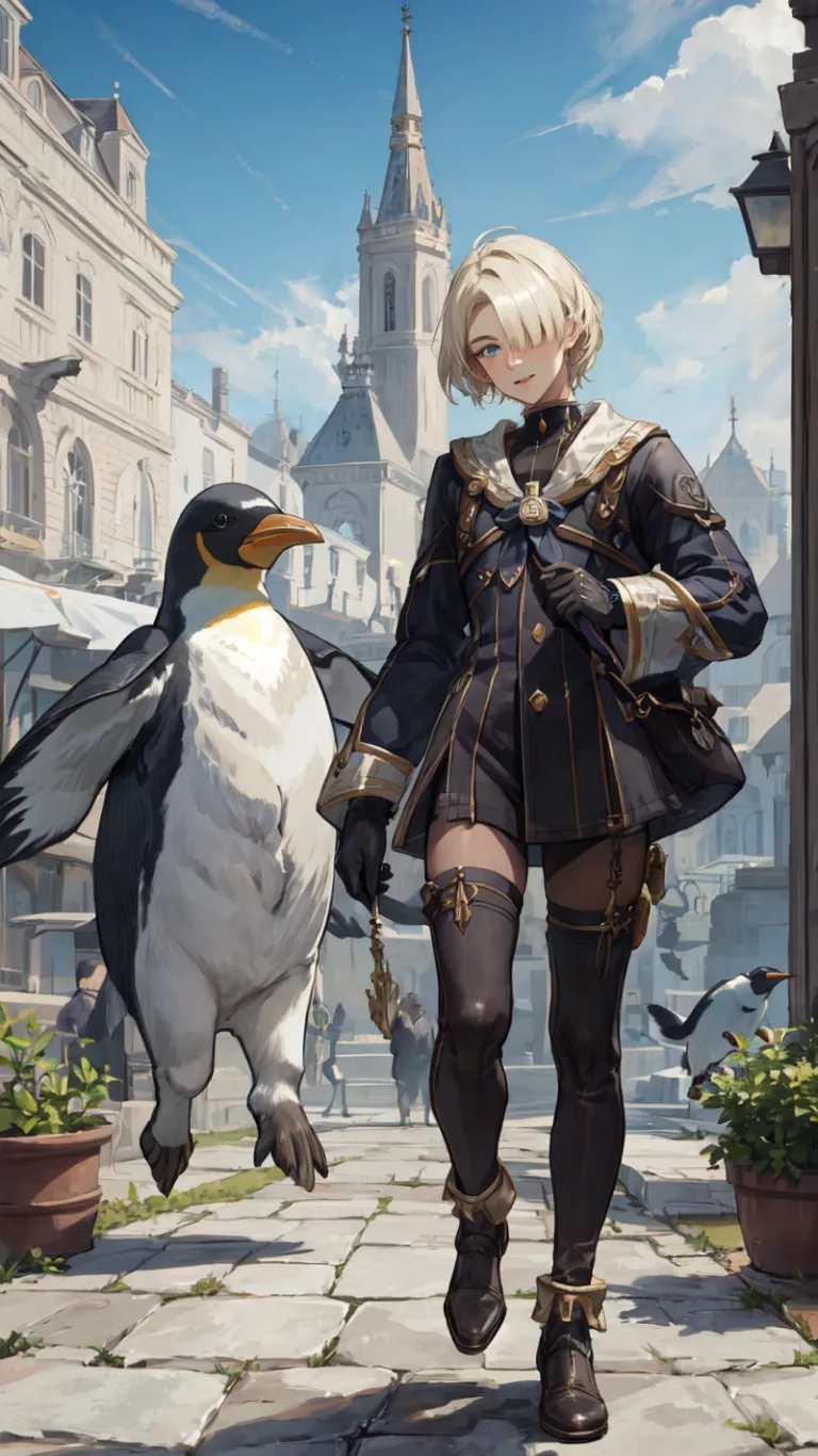 a girl is holding her hands towards an animal and looking at them with a large penguin nearby during a sunny day in the city center of town
