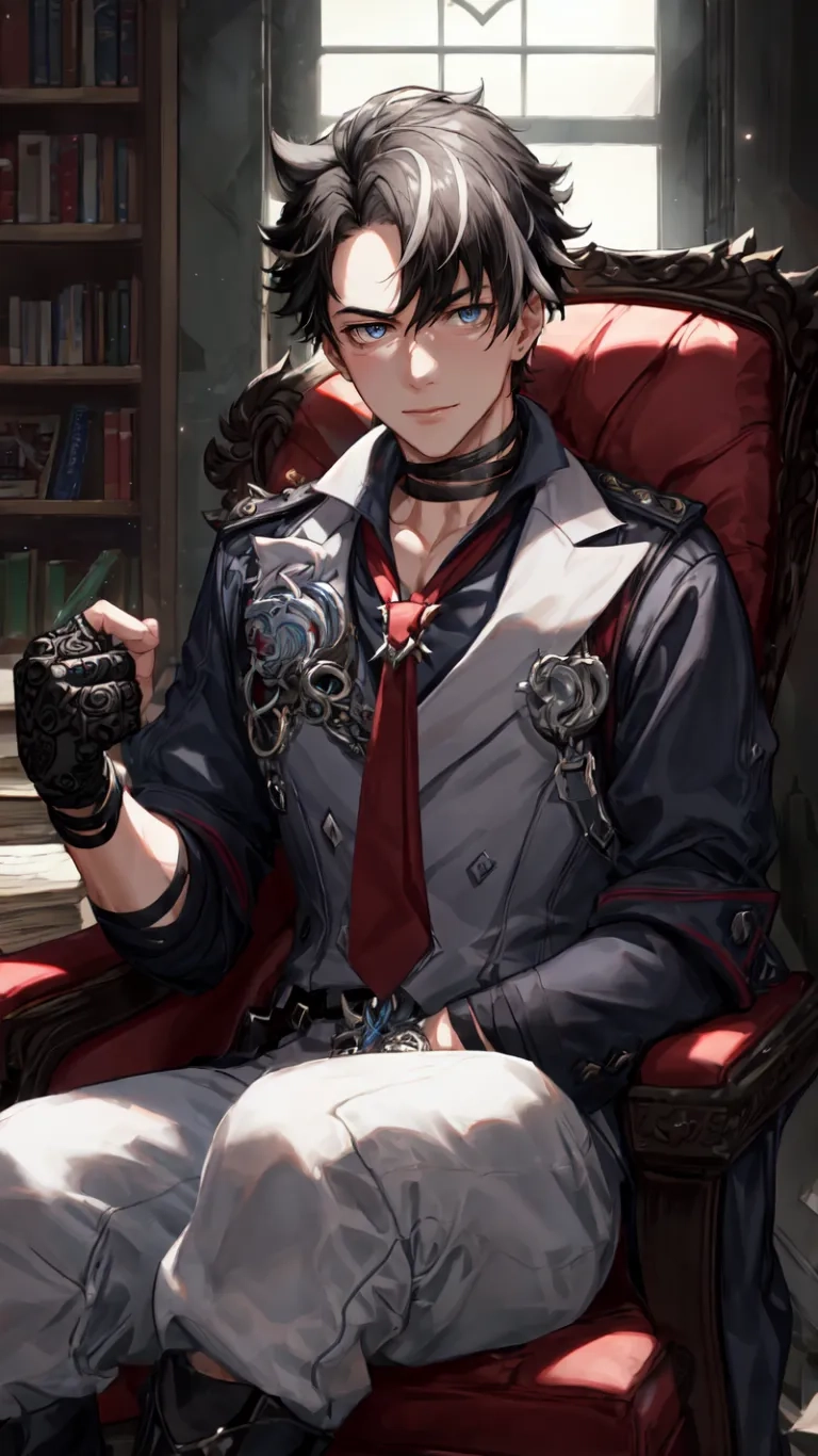 anime anime character sitting in chair holding a cigaretter with skull decoration on arm and looking toward viewer from bookshelf window at right side,
