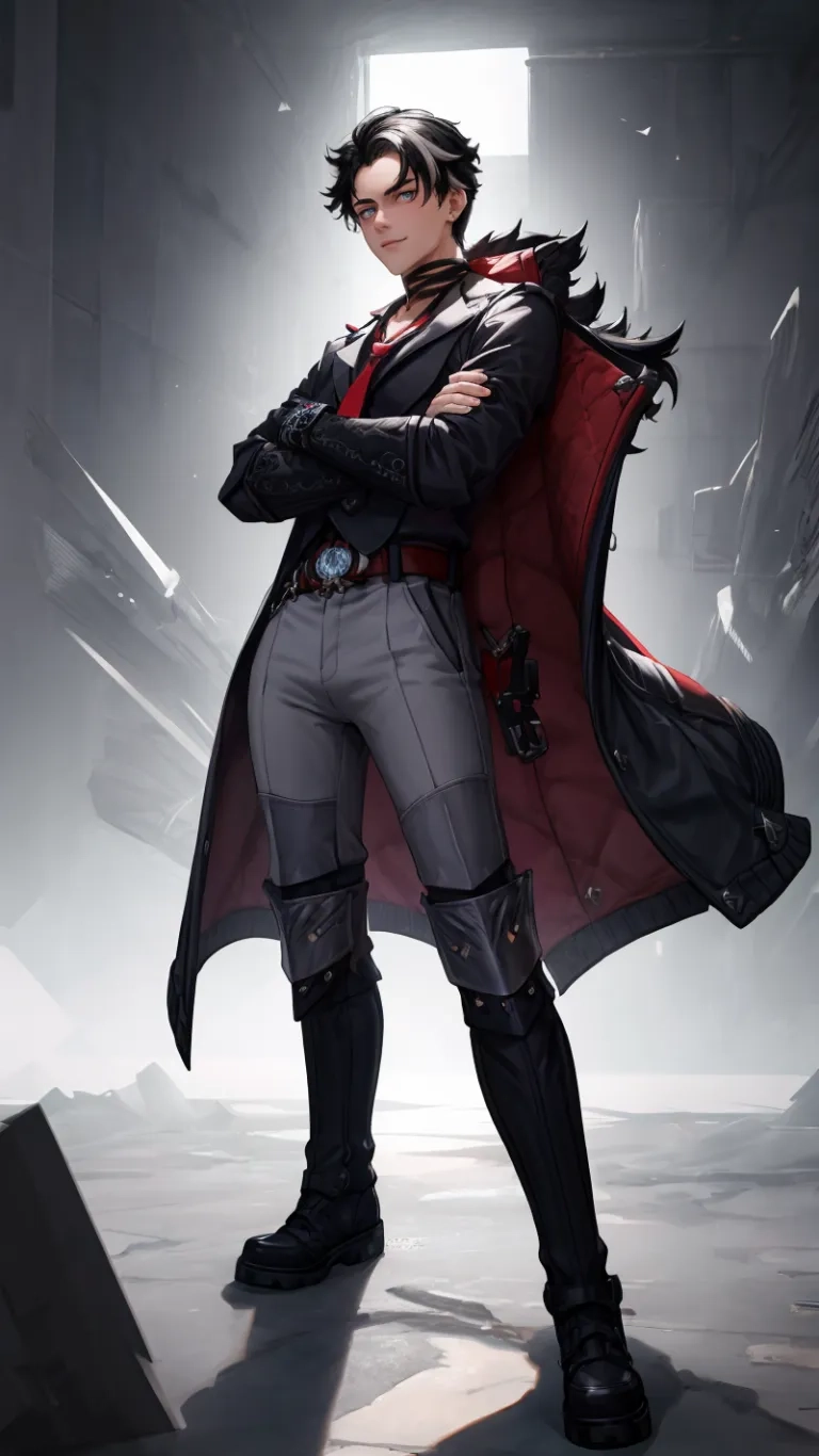 a guy with some sort of sword in hand a dark red cape and grey pants with a black hood and belt is standing in an otherwise empty room
