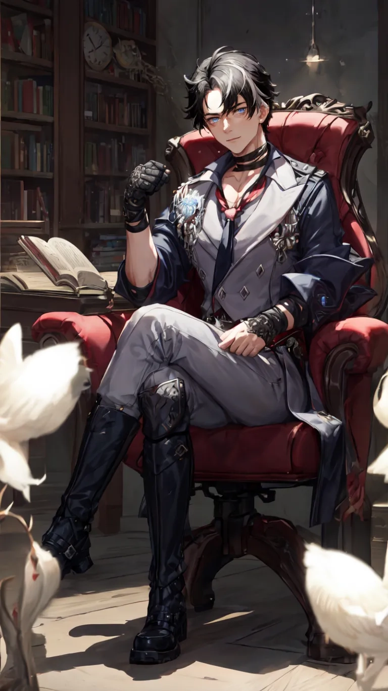 a man with sunglasses sitting on a red chair surrounded by many white birds, reading a book and posing for the camera, with bookshelvesketch on his hand resting on his legs
